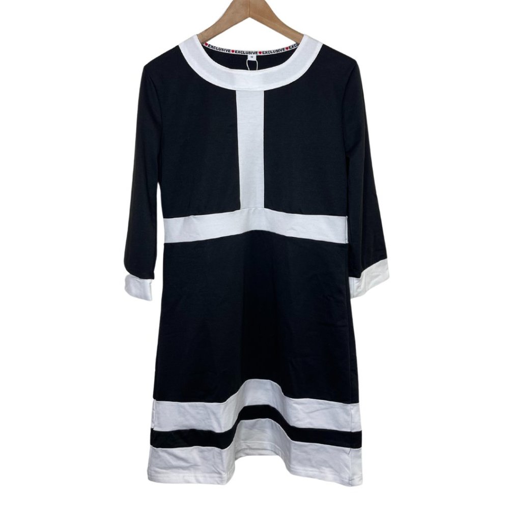 👗MADE WITH LOVE | NWT Long Sleeve Black & White Colorblock Shift Dress | Size M